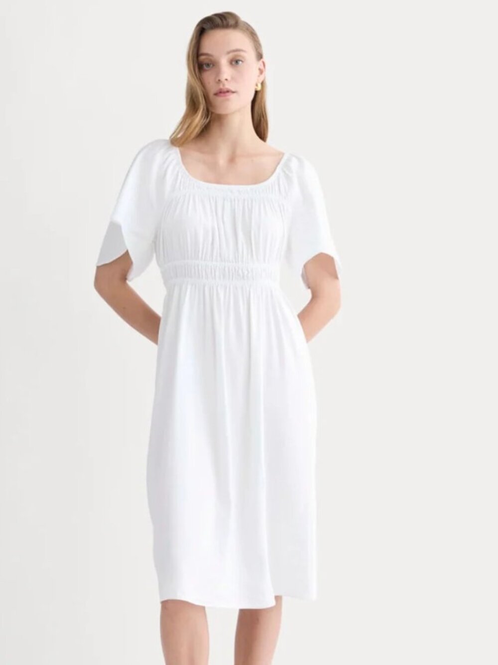 Everlane Cottagecore Flutter-Sleeve Dress in Stretch Linen L